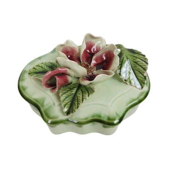 VINTAGE 40s 50s Burgundy Red Rose and Green Porcelain Trinket Box - Picture 2 of 9